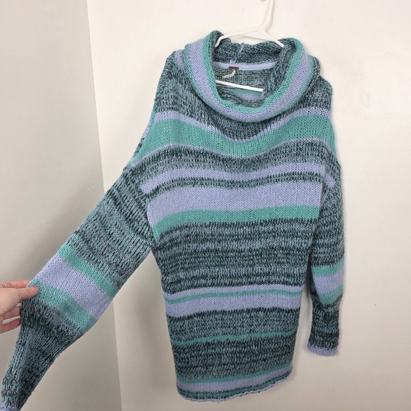 Free People Blue Candy Stripe‎ Cowl Neck Wool Alpaca Tunic Sweater Size Medium - Picture 8 of 14